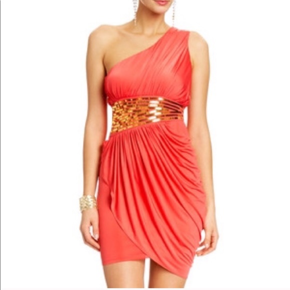 2B Bebe Dresses & Skirts - Vintage Bebe Goddess Dress RARE - Coral + Gold Sequin, Small, 2B Bebe
